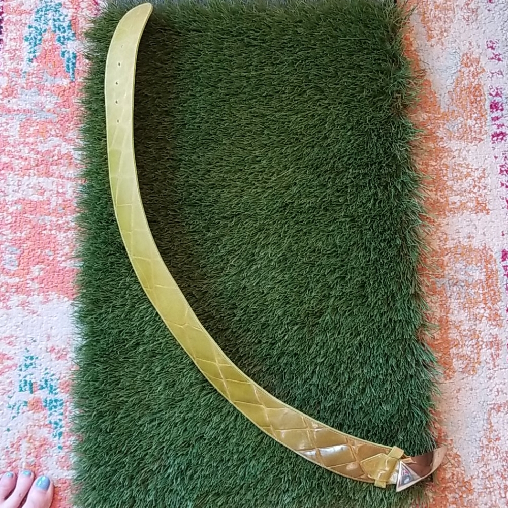 80's Vtg Leather Mod Brass Buckle Olive Pea Green 2.5" Waist BELT by DETAILS usa - Picture 5 of 13